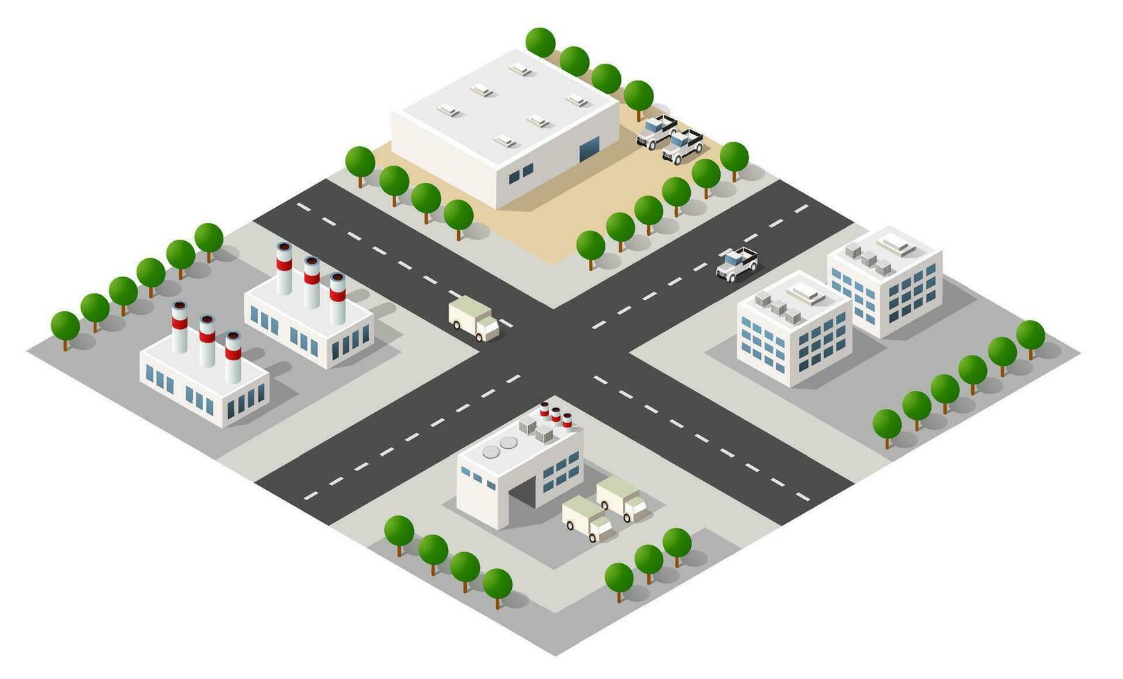 Isometric 3D city module industrial urban factory which includes buildings, power plants, heating gas, warehouse. vector
