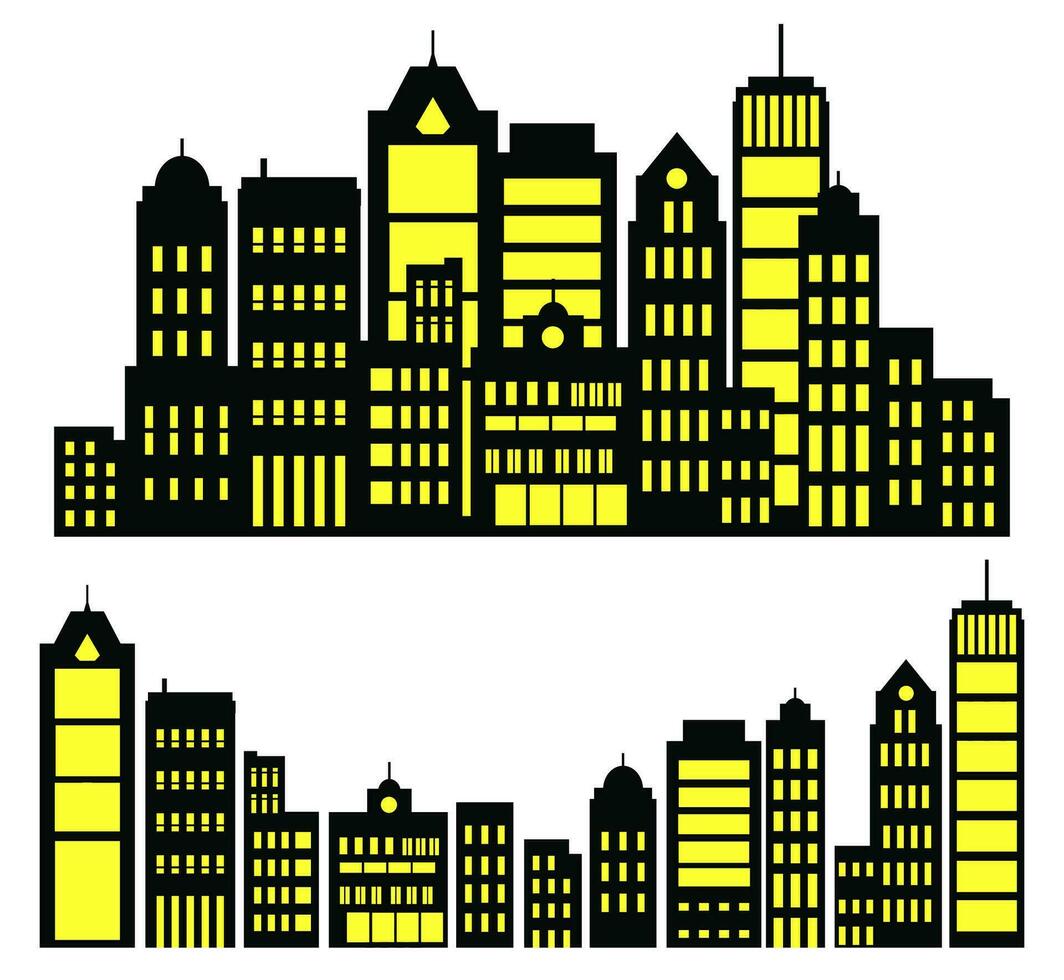 Landscape set of buildings silhouetted on white background. A black outline of low-rise and high-rise complexes and skyscrapers. Structural constructions placed urban objects vector