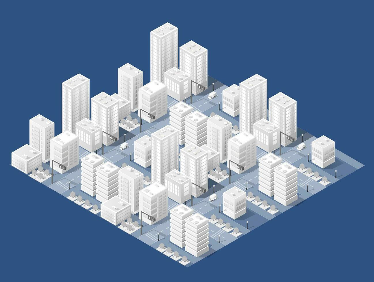 City urban area map Isometric night lights ultraviolet 3D illustration architecture town street with a lot of building houses and skyscrapers, streets, trees and vehicles vector