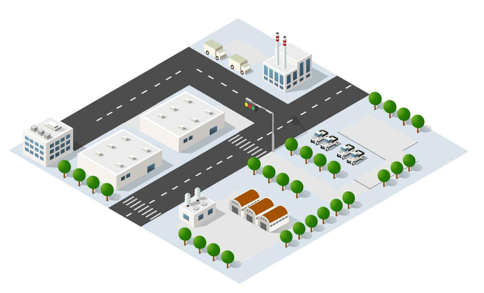 Isometric 3D city module industrial urban factory which includes buildings, power plants, heating gas, warehouse. vector
