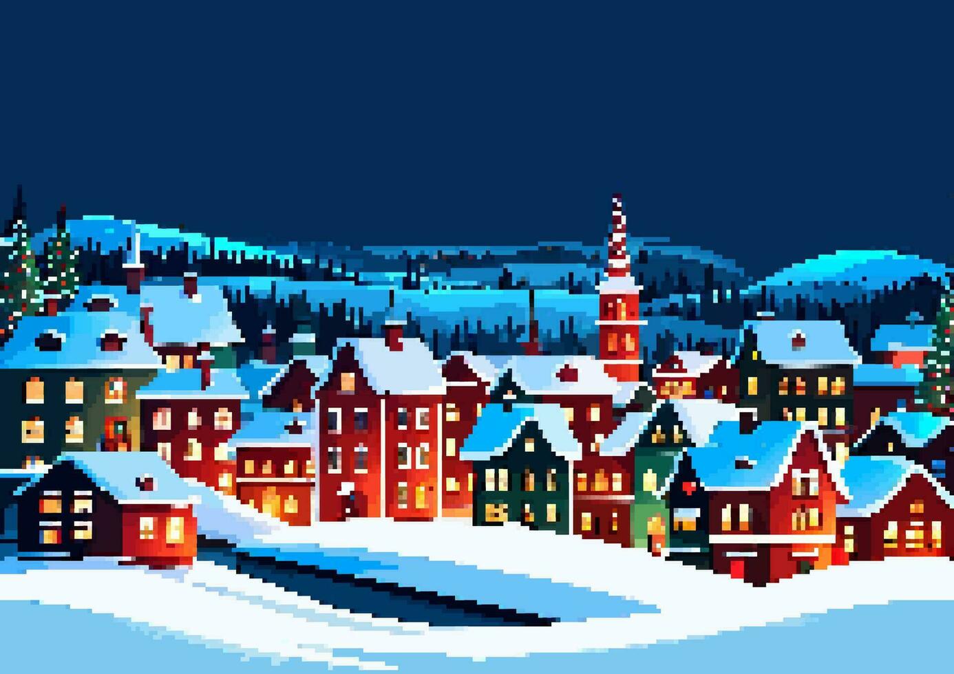 Winter village landscape Merry Christmas greeting card vector 8bit pixel art illustration. Snowy night in cozy town city panorama