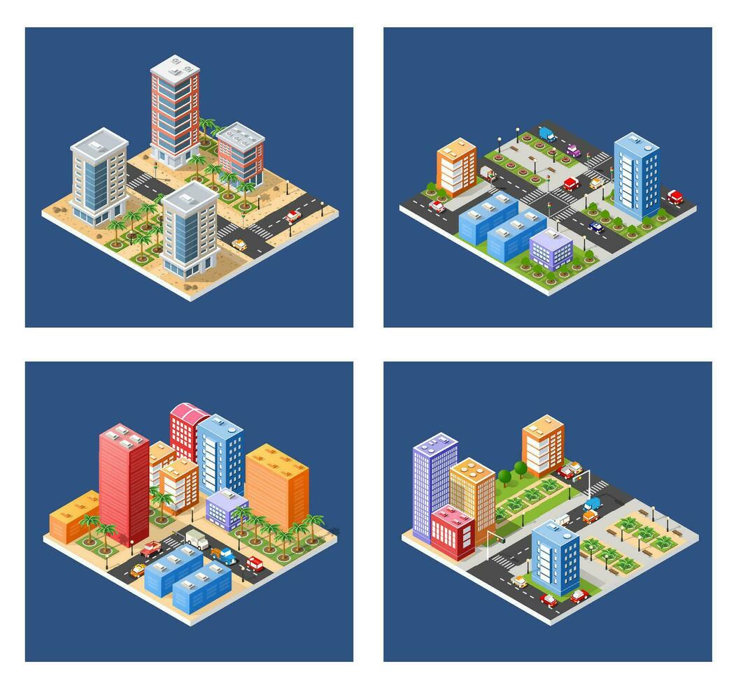 City urban area map Isometric night lights ultraviolet 3D illustration architecture town street with a lot of building houses and skyscrapers, streets, trees and vehicles vector