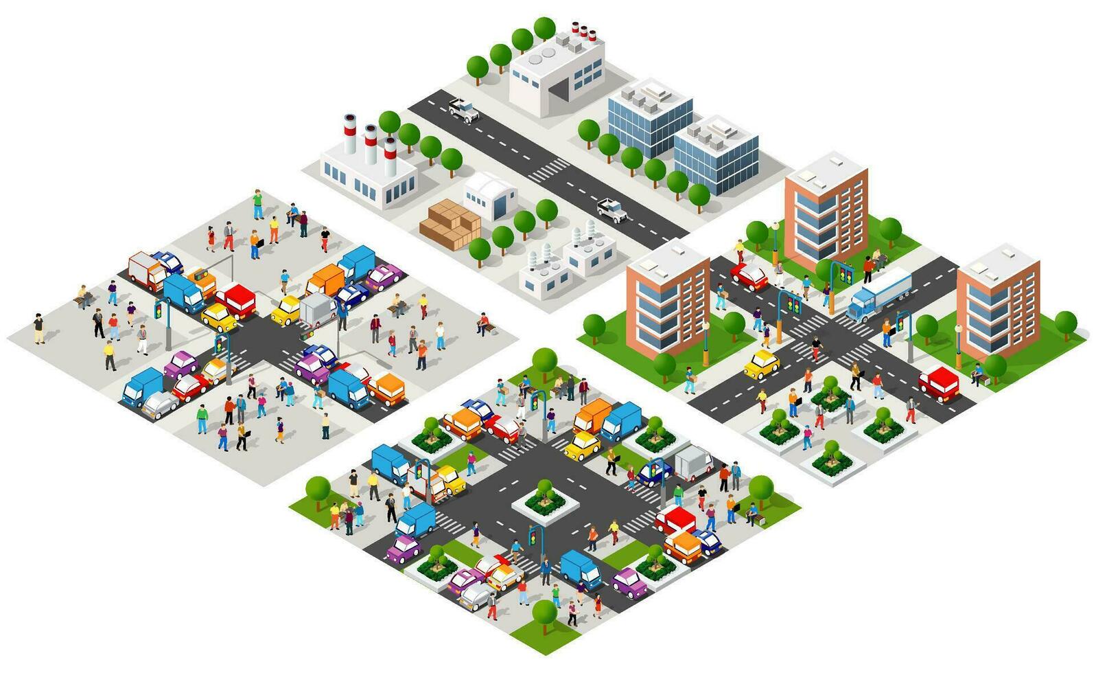 isométrica 3d ciudad módulo industrial urbano fábrica cuales incluye edificios, poder plantas, calefacción gas, depósito. plano mapa aislado elemento conjunto estructuras vector