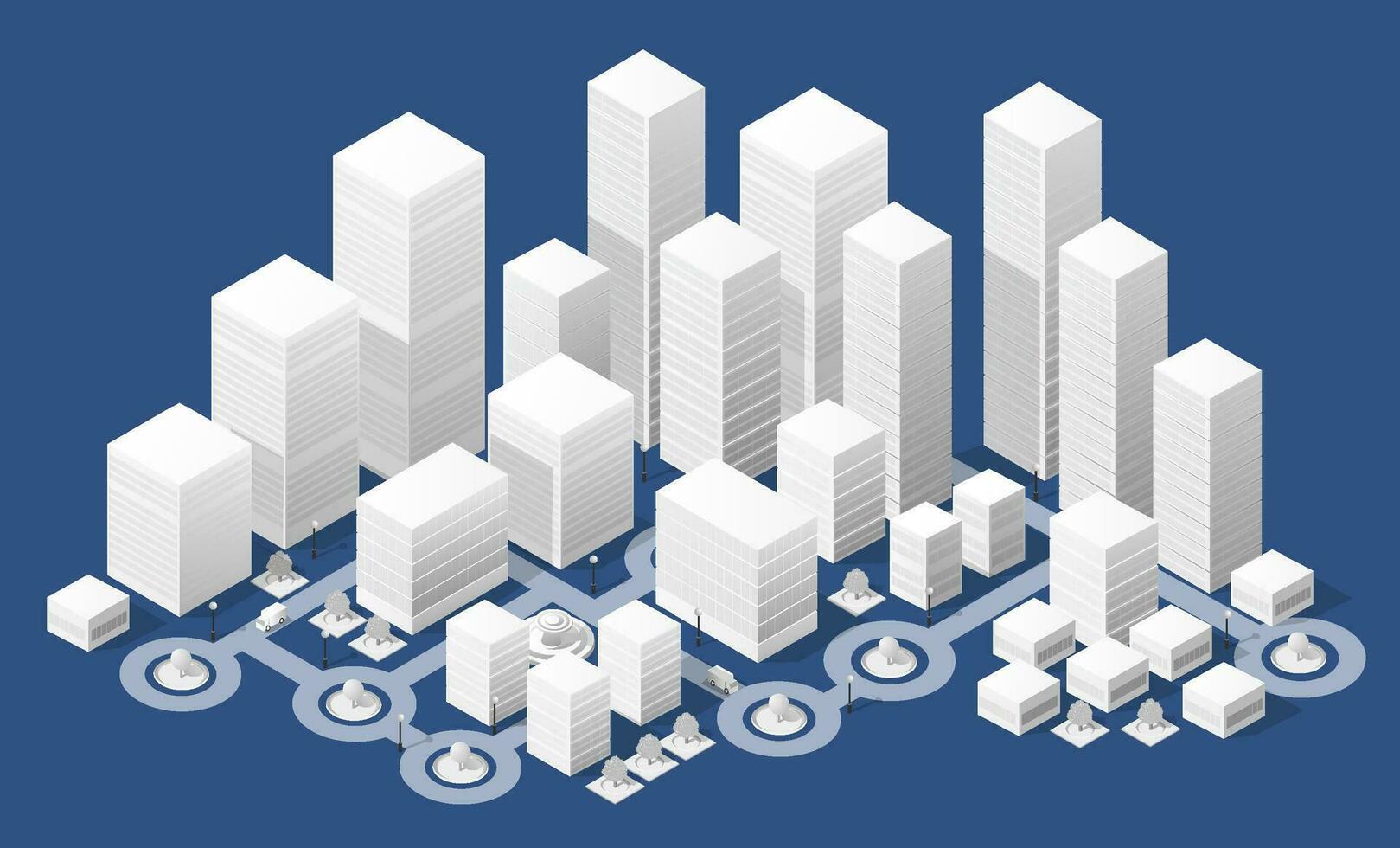 City urban area map Isometric night lights ultraviolet 3D illustration architecture town street with a lot of building houses and skyscrapers, streets, trees and vehicles vector