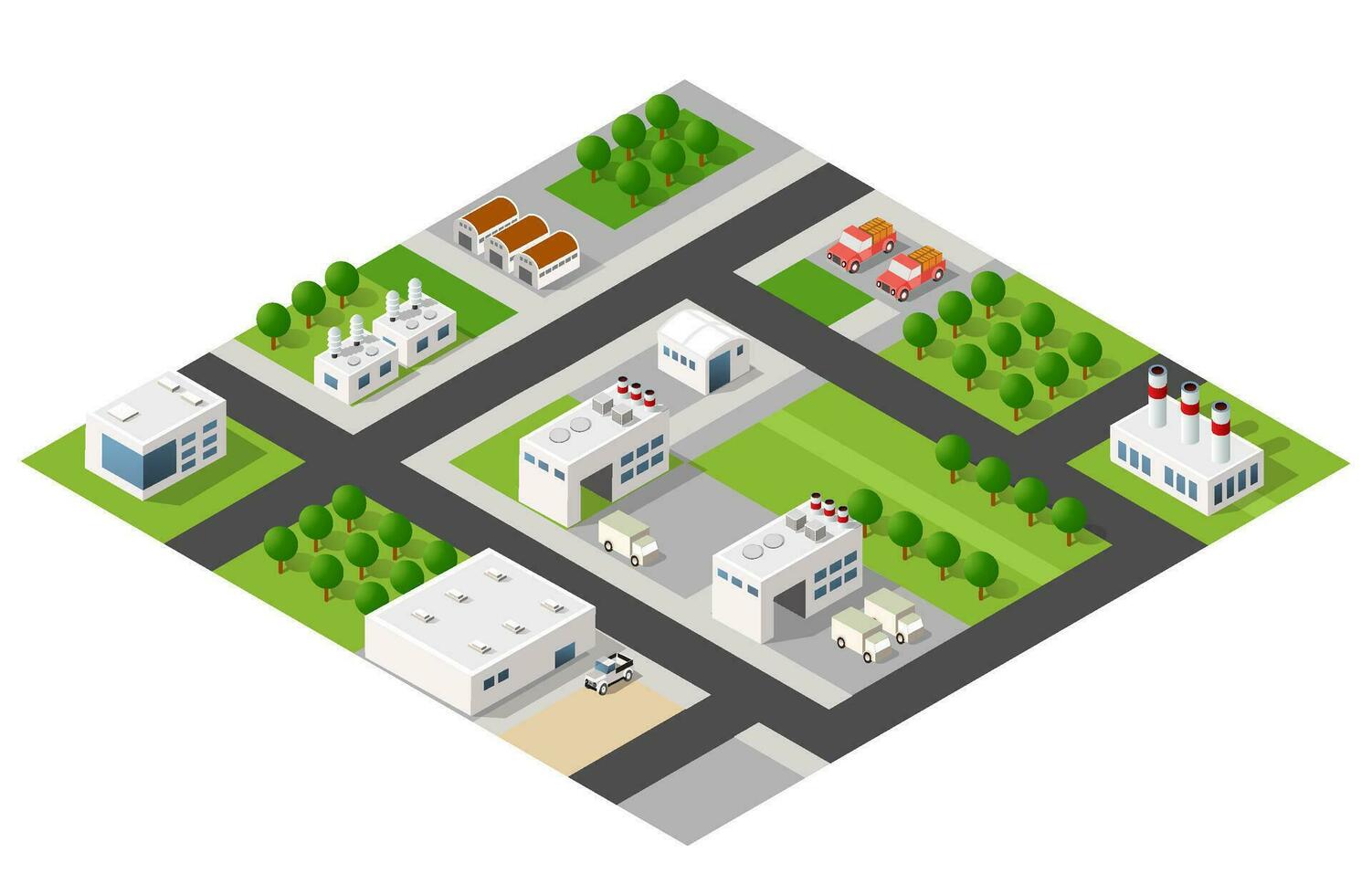 Isometric 3D city module industrial urban factory which includes buildings, power plants, heating gas, warehouse. vector