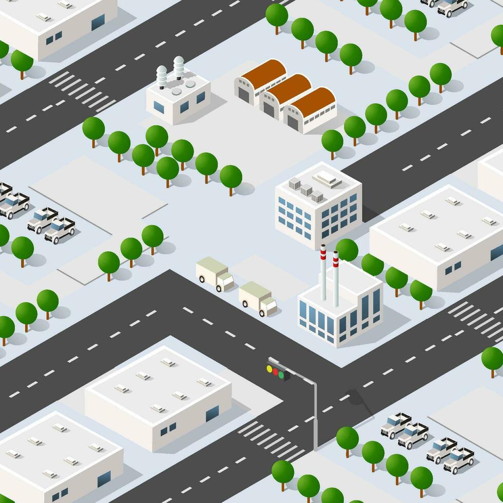 Isometric 3D city module industrial urban factory which includes buildings, power plants, heating gas, warehouse. vector