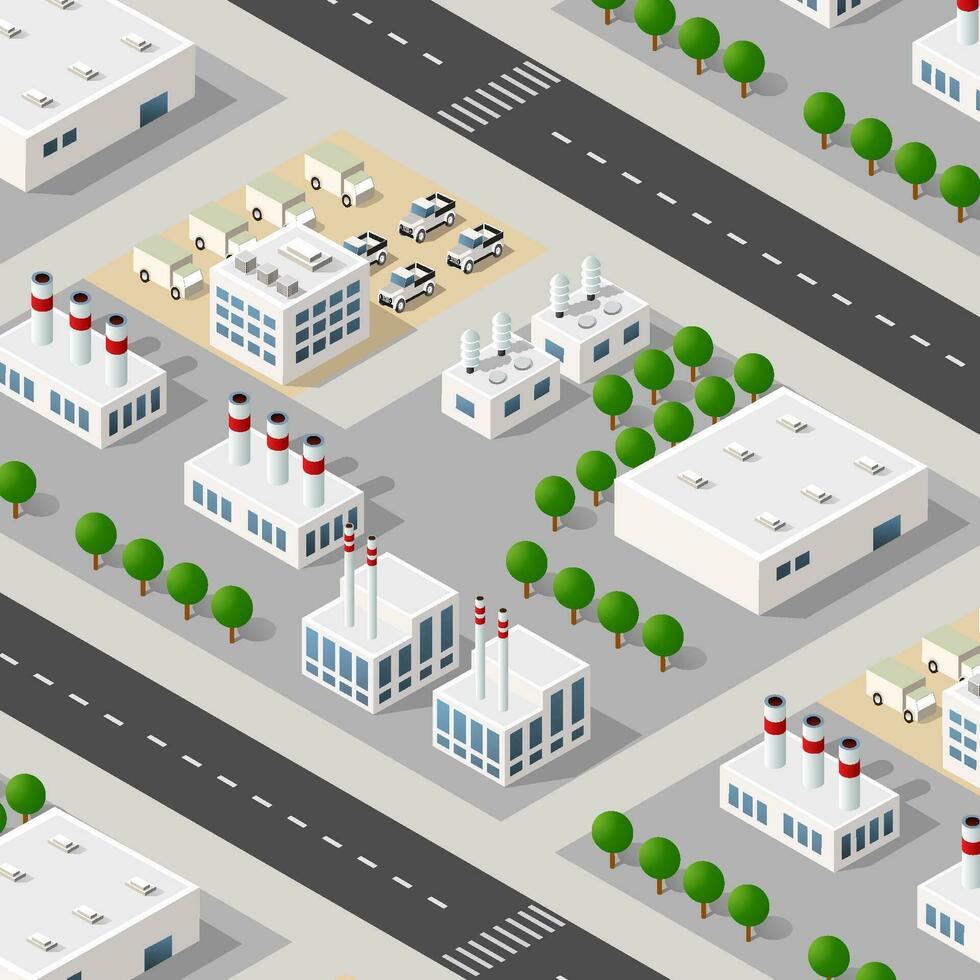 Isometric 3D city module industrial urban factory which includes buildings, power plants, heating gas, warehouse. vector