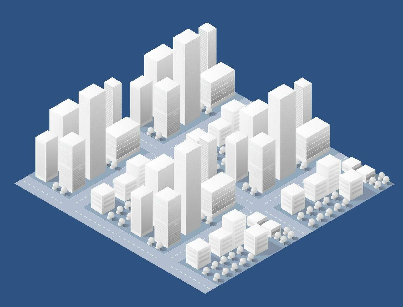 City urban area map Isometric night lights ultraviolet 3D illustration architecture town street with a lot of building houses and skyscrapers, streets, trees and vehicles vector