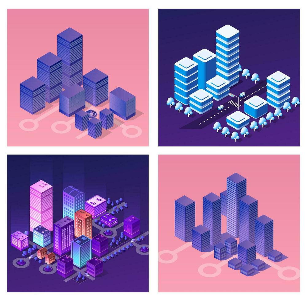 City urban area map Isometric night lights ultraviolet 3D illustration architecture town street with a lot of building houses and skyscrapers, streets, trees and vehicles vector