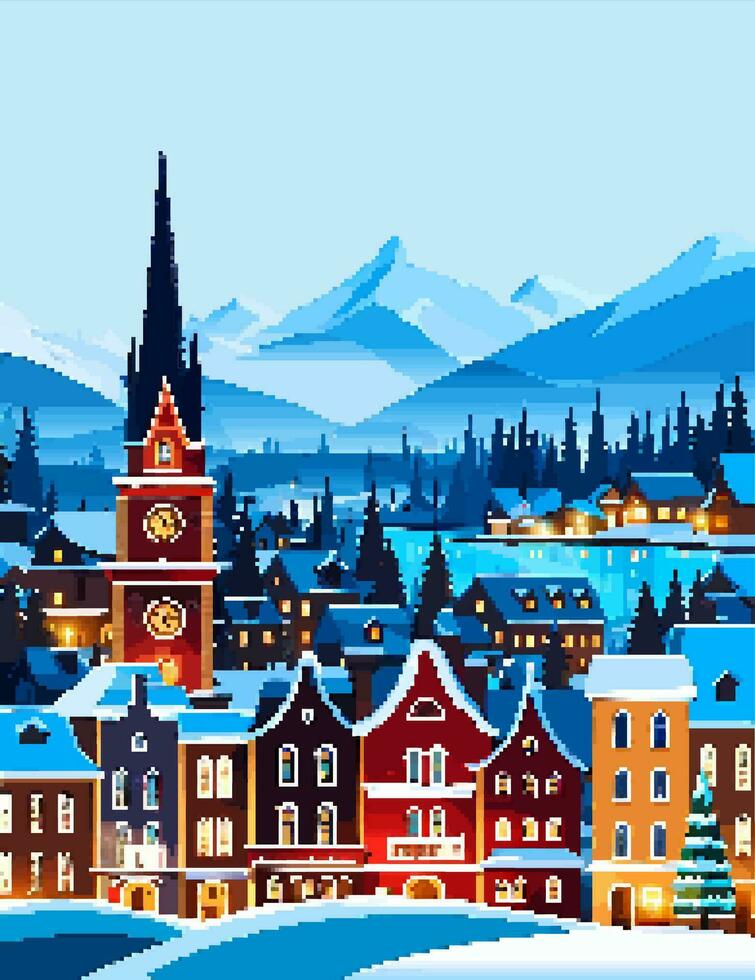 Winter village landscape Merry Christmas greeting card vector 8bit pixel art illustration. Snowy night in cozy town city panorama
