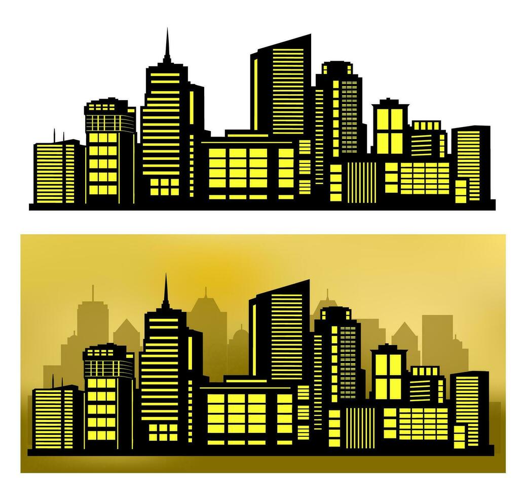 paisaje conjunto de edificios silueta en blanco antecedentes. un negro contorno de de poca altura y Alto complejos y rascacielos estructural construcciones metido urbano objetos vector