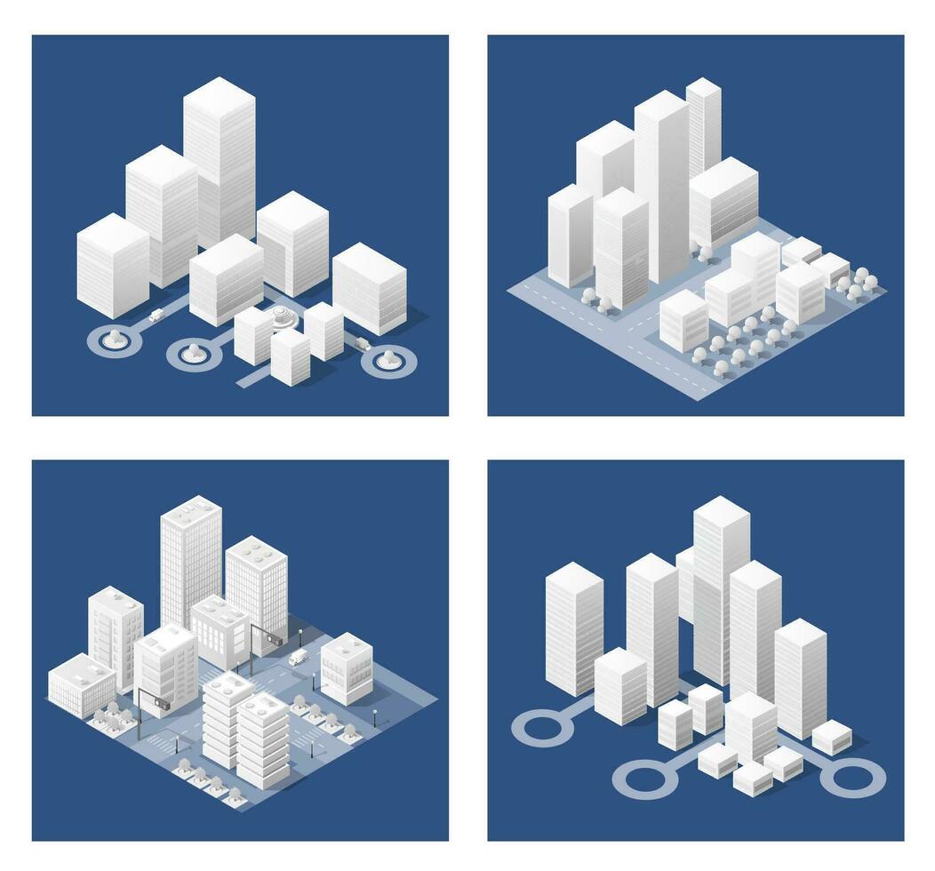 mapa del área urbana de la ciudad luces nocturnas isométricas ilustración 3d ultravioleta arquitectura calle de la ciudad con muchas casas en construcción y rascacielos, calles, árboles y vehículos vector