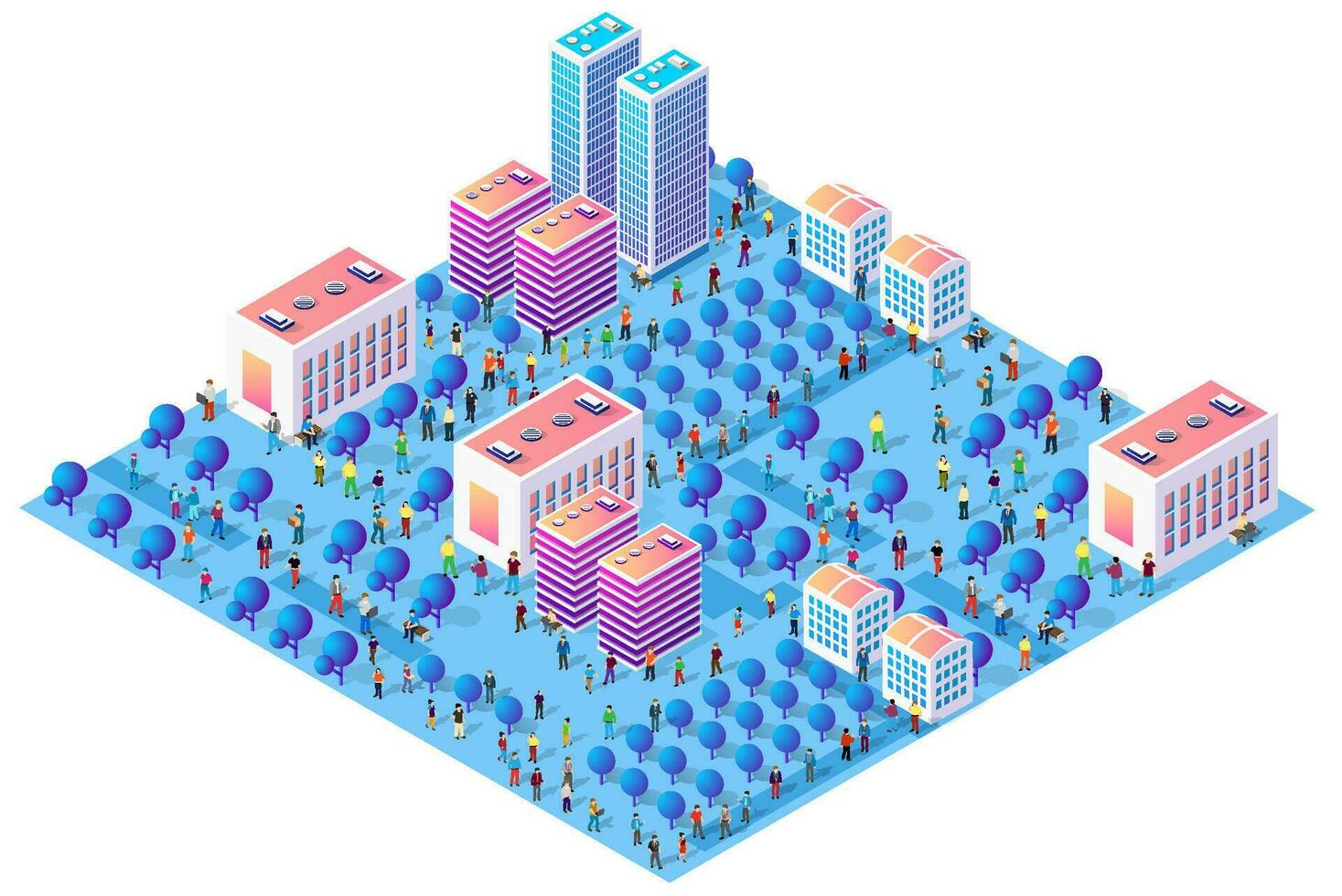 City urban area map Isometric night lights ultraviolet 3D illustration architecture town street with a lot of building houses and skyscrapers, streets, trees and vehicles vector