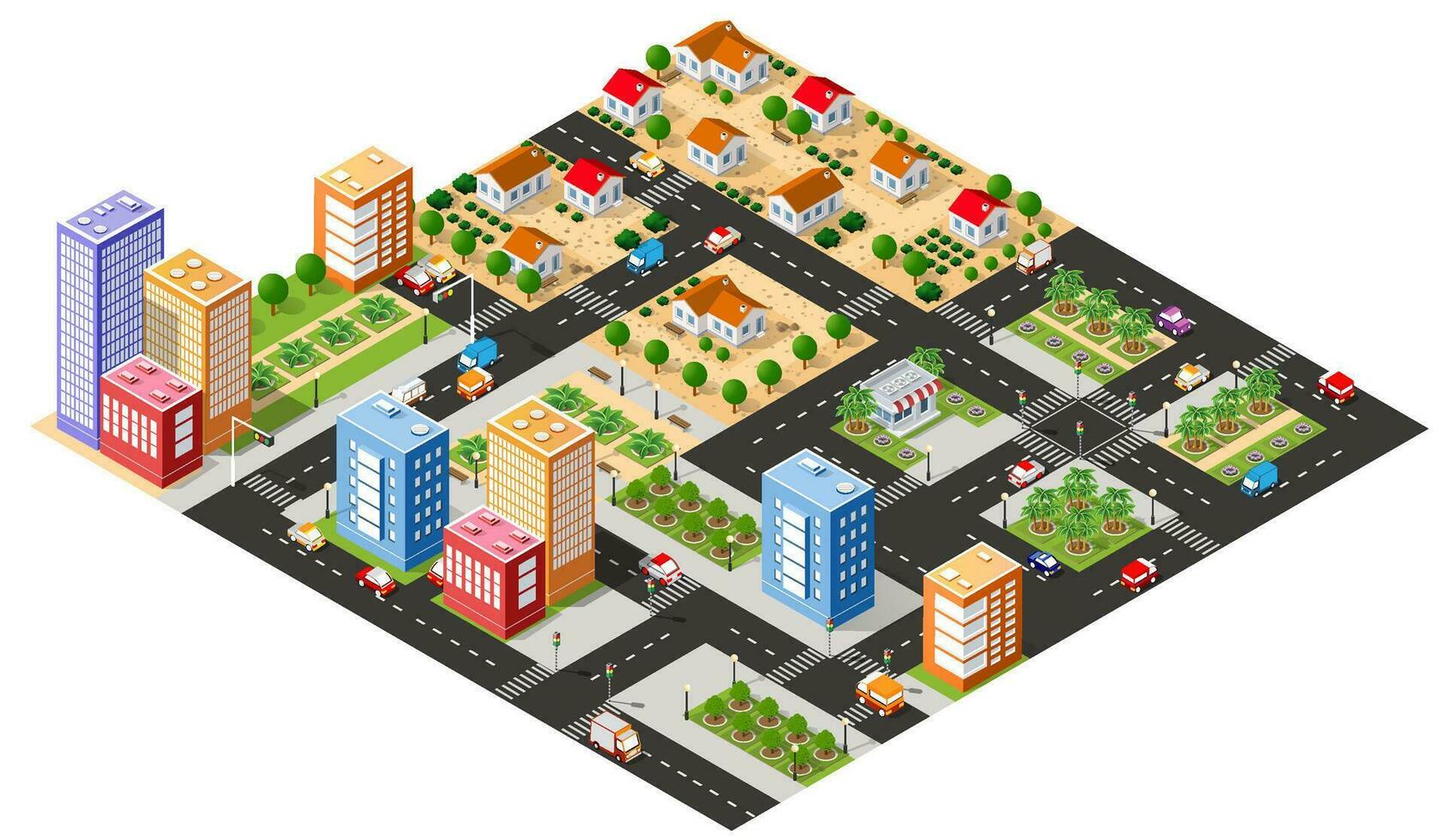 City urban area map Isometric night lights ultraviolet 3D illustration architecture town street with a lot of building houses and skyscrapers, streets, trees and vehicles vector