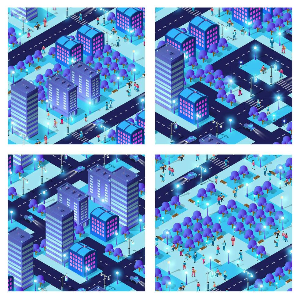 isométrica ciudad conjunto de Violeta colores edificio moderno pueblo calle, urbano la carretera arquitectura. ultravioleta 3d ilustración mapa para el negocio diseño concepto vector