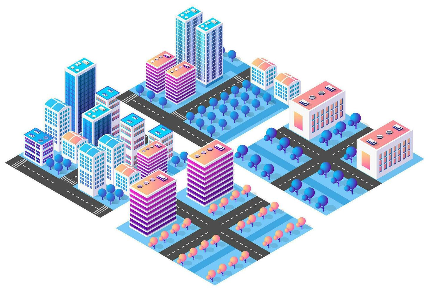 isométrica 3d ciudad módulo industrial urbano fábrica cuales incluye edificios, poder plantas, calefacción gas, depósito. plano mapa aislado elemento conjunto estructuras vector