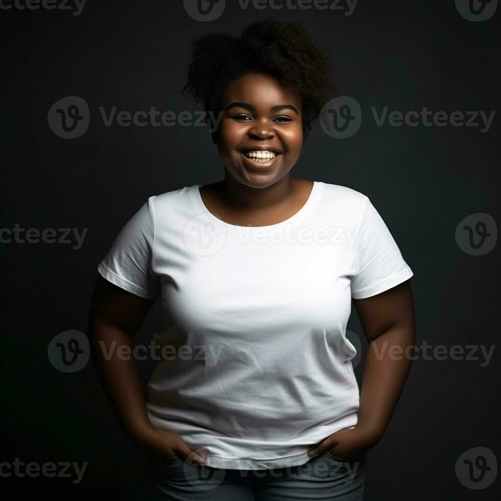 ai generative multi ethnic plus size people in white shirt for mock up on a black background photo