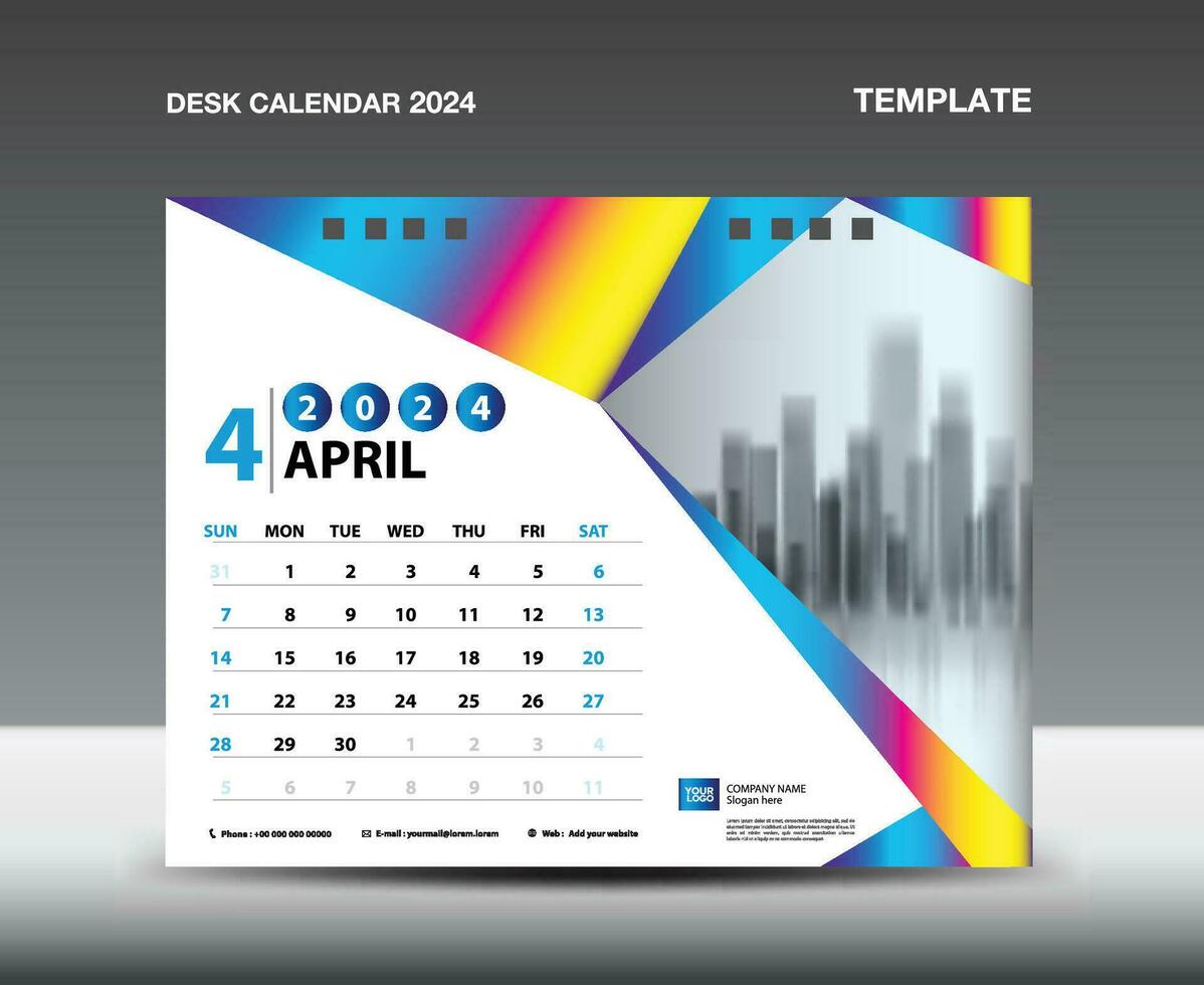 Calendar 2024 year template vector- April 2024 year, Desk calendar 2024 design, Week starts Sunday, Planner, Stationery design, flyer, Calendar printing, gradient polygon background concept vector