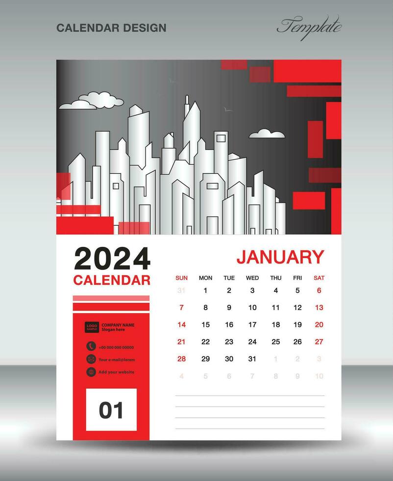 Calendar 2024 design template- January 2024 year layout, vertical calendar design, Desk calendar template, Wall calendar 2024 template, Planner, week starts on sunday, red vector