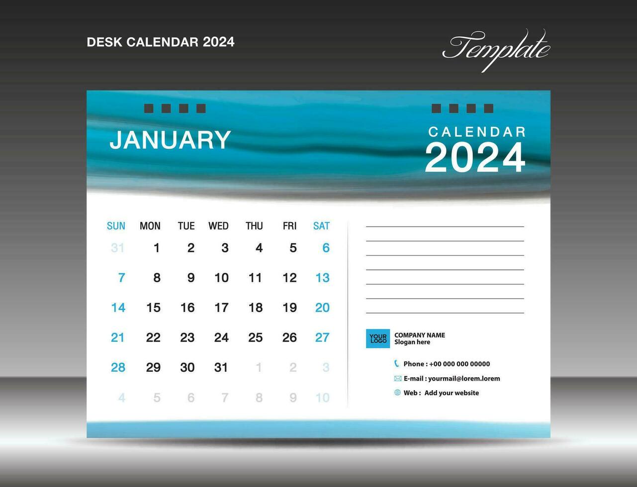 Desk calender 2024 - January 2024 template, Calendar 2024 design template, planner, simple, Wall calendar design, week starts on sunday, printing, advertiement, Blue watercolor background, vector