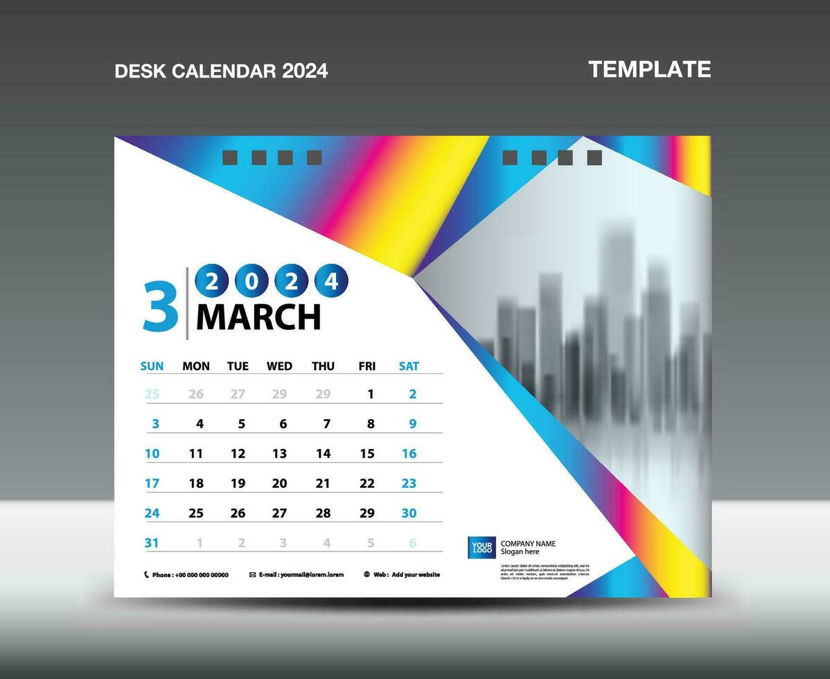 Calendar 2024 year template vector- March 2024 year, Desk calendar 2024 design, Week starts Sunday, Planner, Stationery design, flyer, Calendar printing, gradient polygon background concept vector
