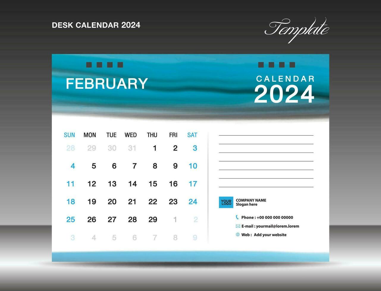 Desk calender 2024 - February 2024 template, Calendar 2024 design template, planner, simple, Wall calendar design, week starts on sunday, printing, advertiement, Blue watercolor background, vector