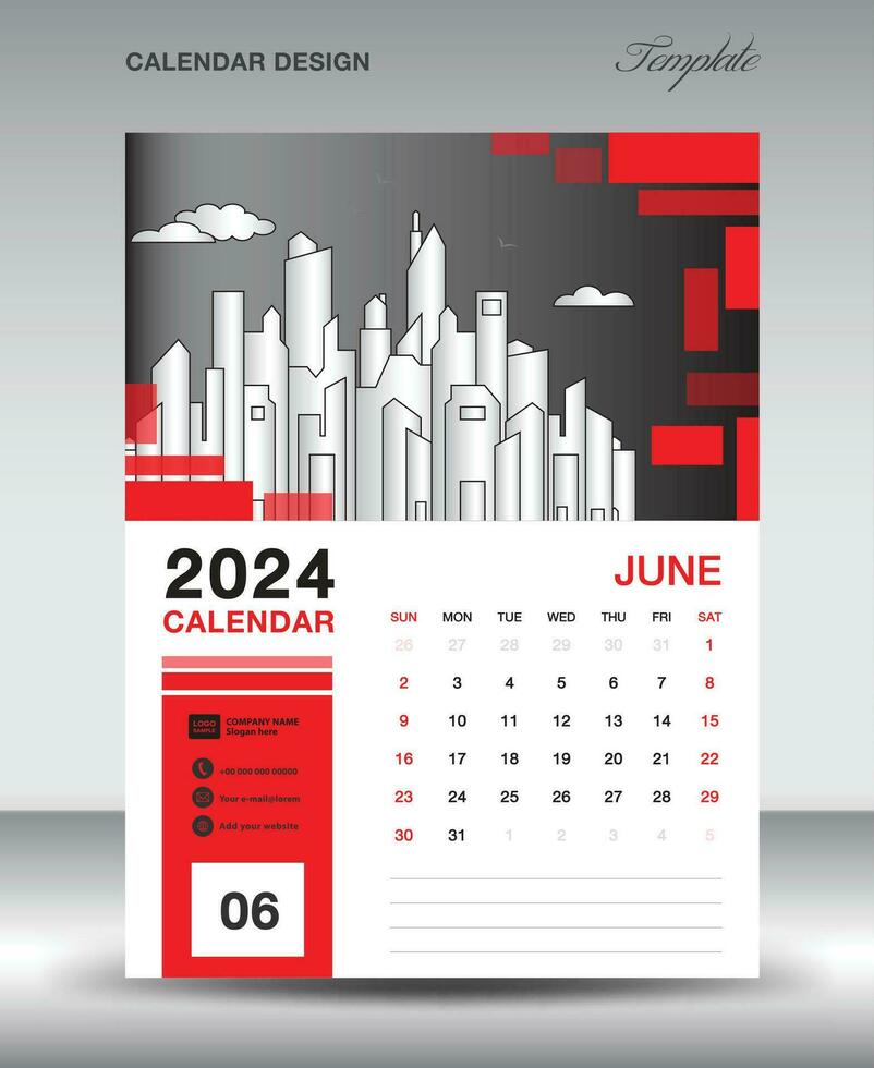 Calendar 2024 design template- June 2024 year layout, vertical calendar design, Desk calendar template, Wall calendar 2024 template, Planner, week starts on sunday, red vector