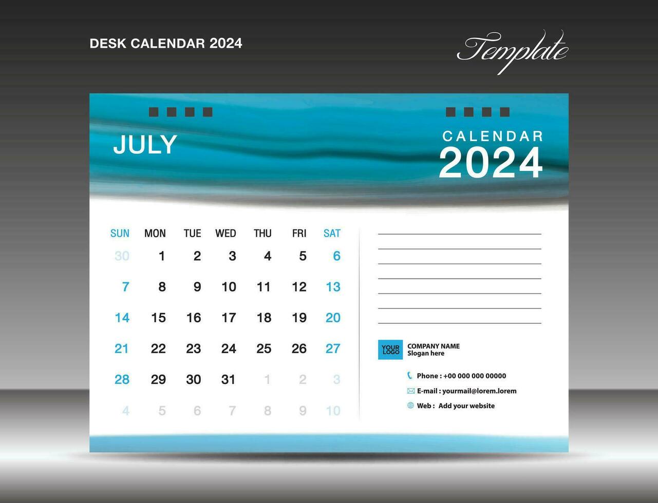 Desk calender 2024 - July 2024 template, Calendar 2024 design template, planner, simple, Wall calendar design, week starts on sunday, printing, advertiement, Blue watercolor background, vector