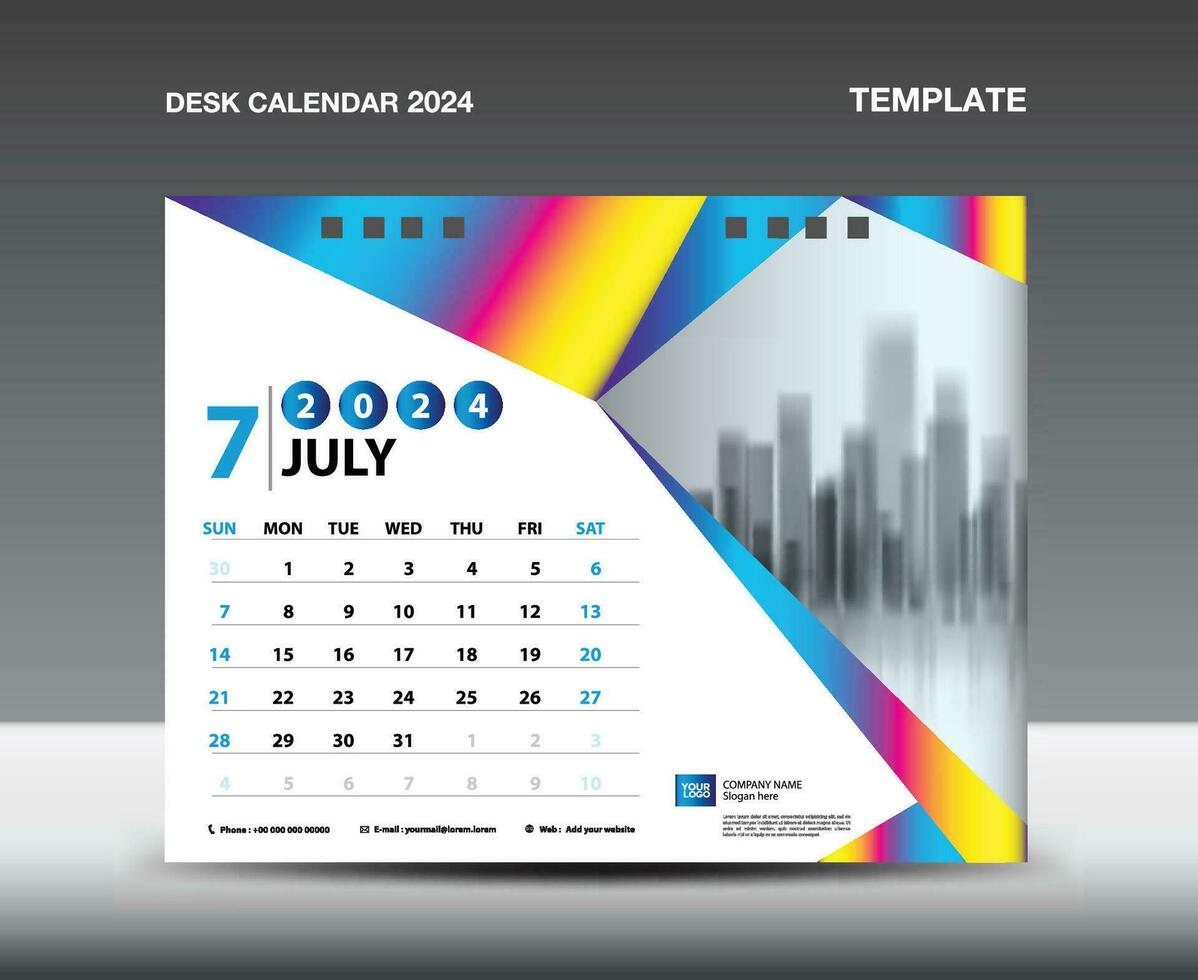 Calendar 2024 year template vector- July 2024 year, Desk calendar 2024 design, Week starts Sunday, Planner, Stationery design, flyer, Calendar printing, gradient polygon background concept vector