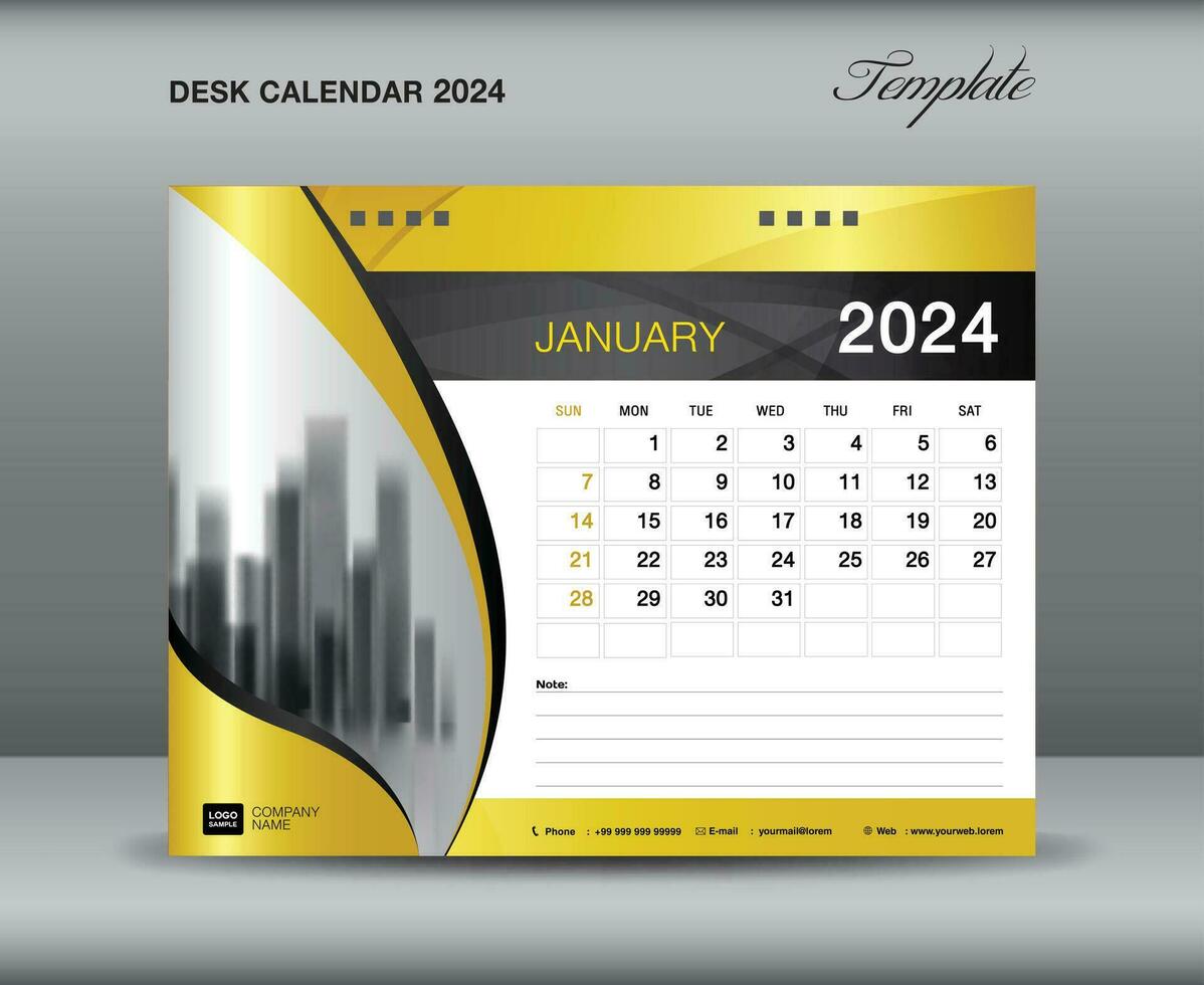 calendario 2024 modelo oro concepto, enero 2024 plantilla, escritorio calendario 2024 año en oro antecedentes lujoso concepto, pared calendario diseño, planificador, impresión medios de comunicación, volantes, vector