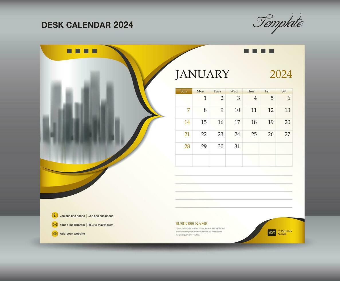 calendario 2024 modelo en oro antecedentes lujoso concepto, enero 2024 plantilla, escritorio calendario 2024 diseño, pared calendario plantilla, planificador, impresión medios de comunicación, anuncio publicitario, vector