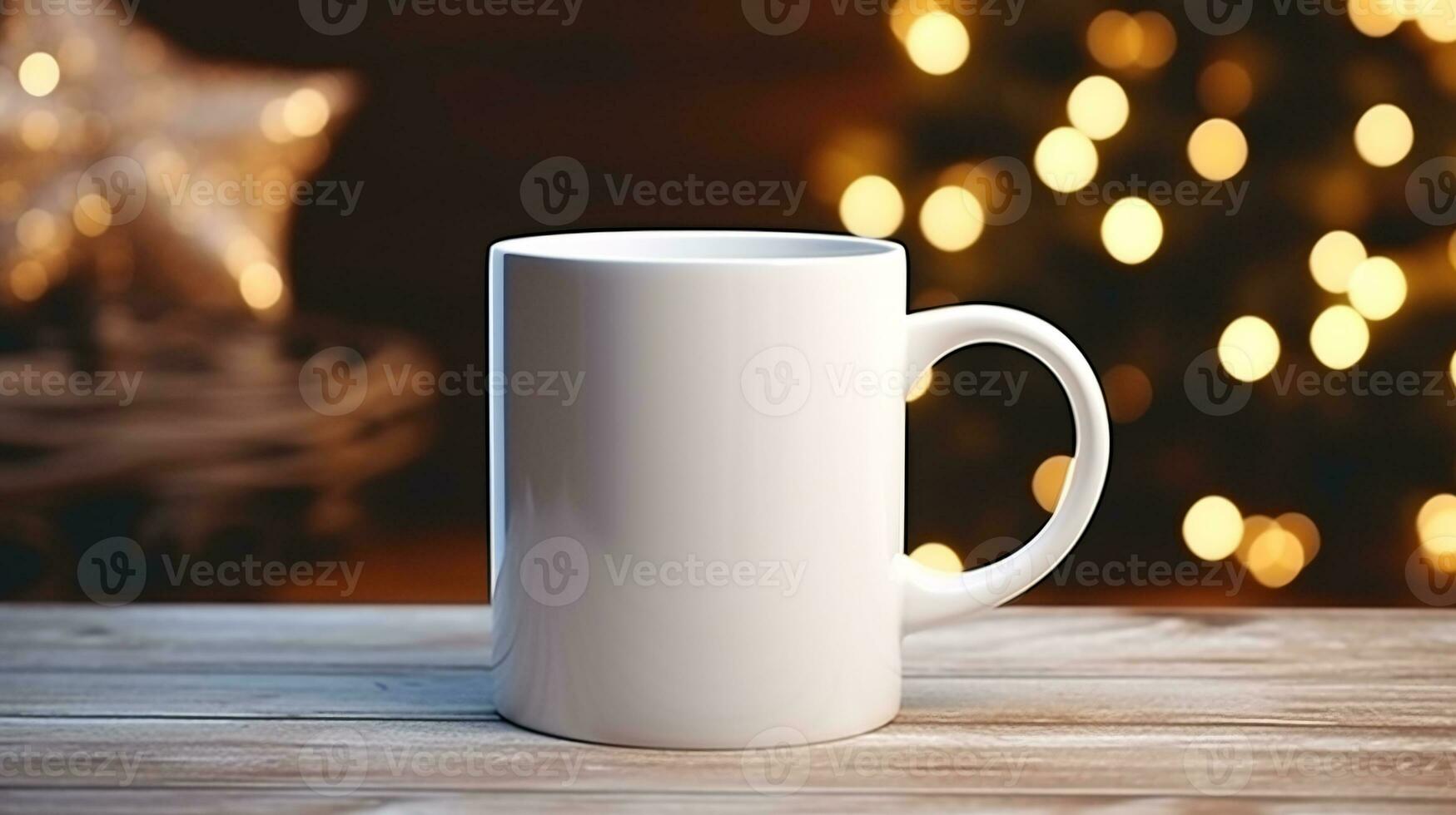 ai generative white christmas coffee cup mock up  with christmas lights bokeh background photo