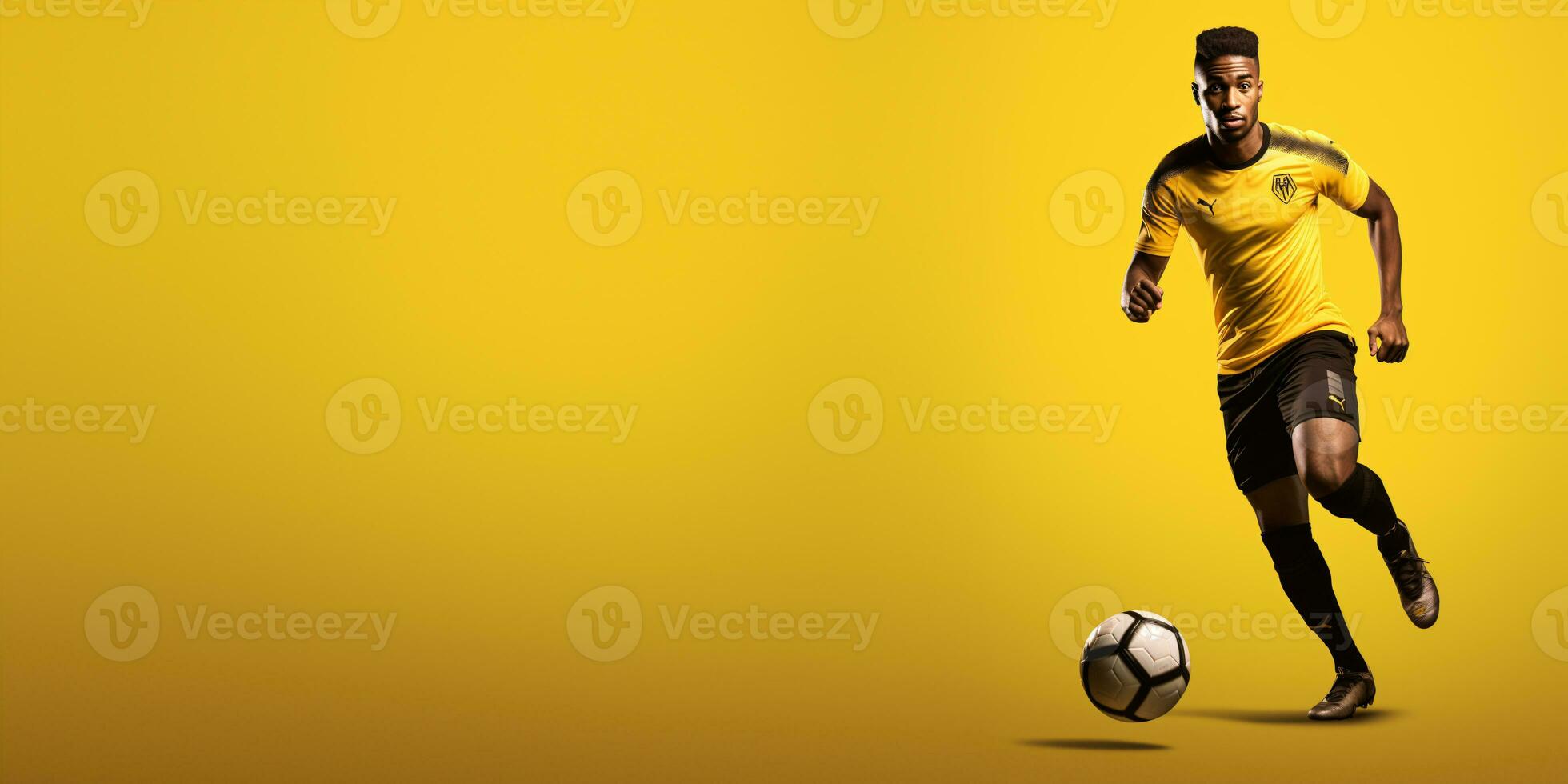 ai generative  football player isolated on solid yellow background. Sports banner, copy space. photo