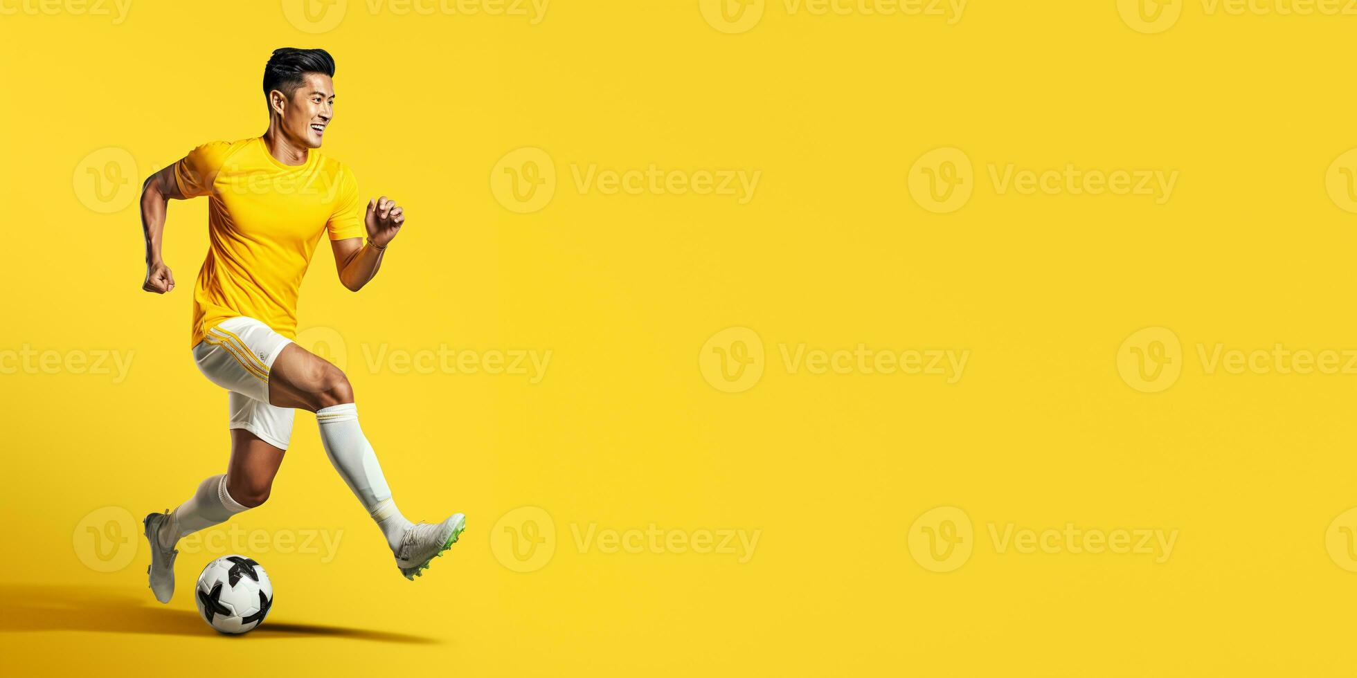 ai generative  football player isolated on solid yellow background. Sports banner, copy space. photo