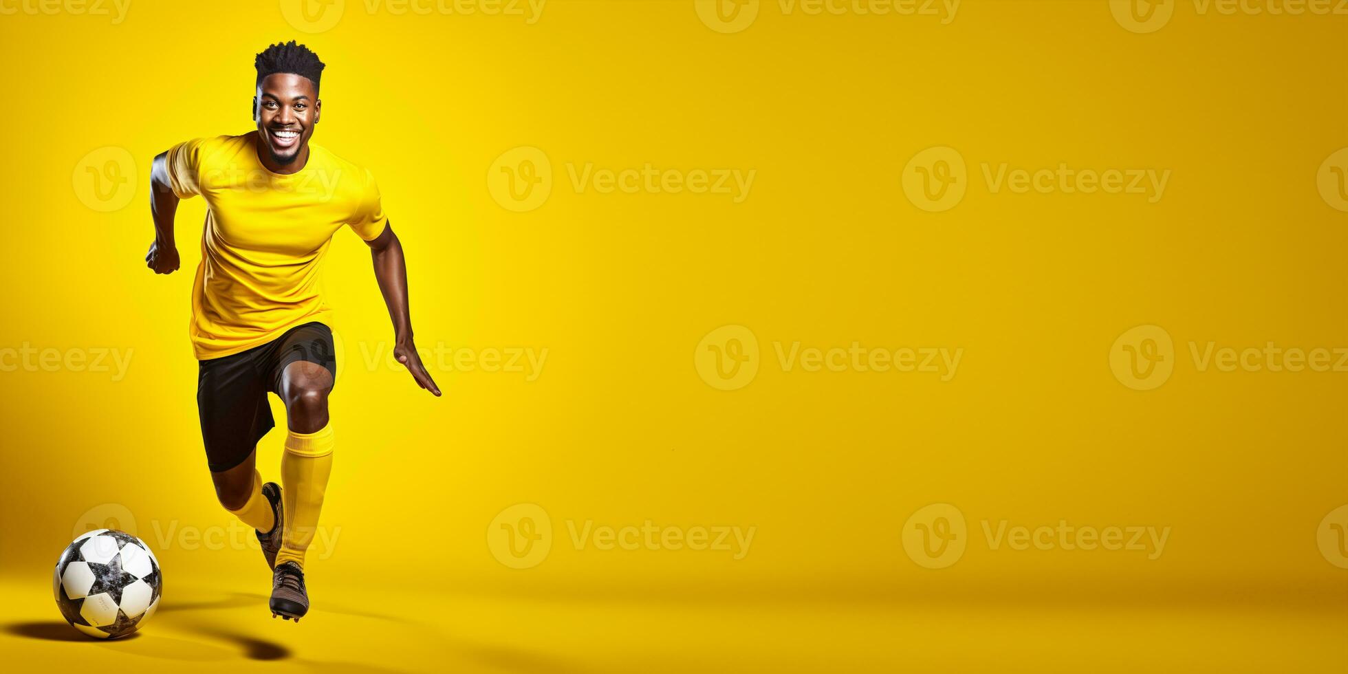 ai generative  football player isolated on solid yellow background. Sports banner, copy space. photo