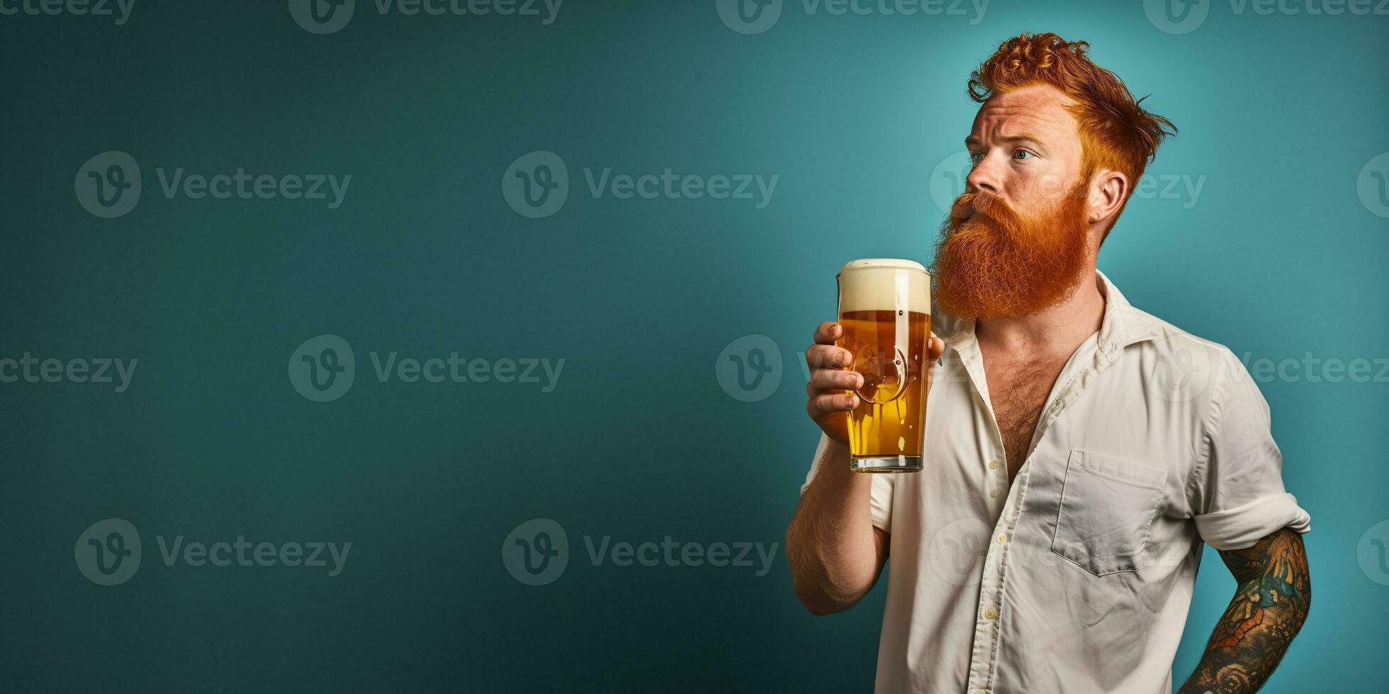 ai generative Handsome, bearded, masculine man drinking beer. October fest, craft beer banner template, copy space isolated on solid blue background photo