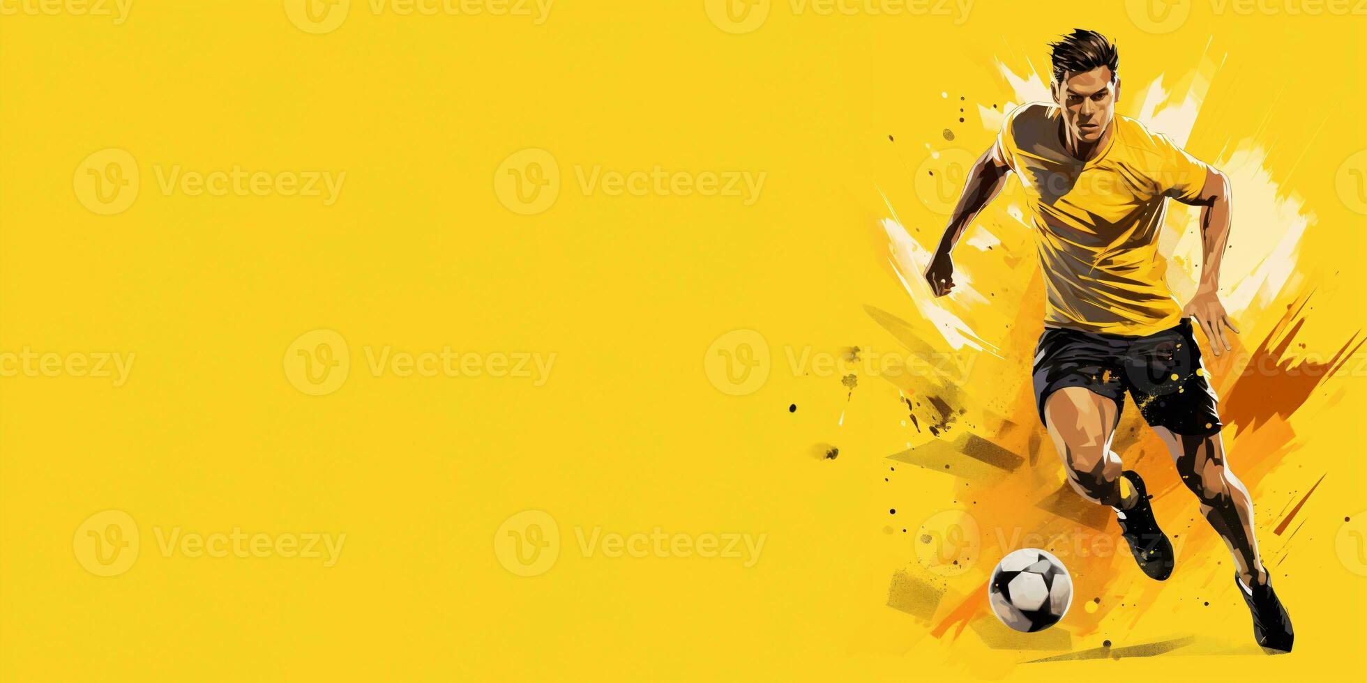 ai generative  football player isolated on solid yellow background. Sports banner, copy space. photo