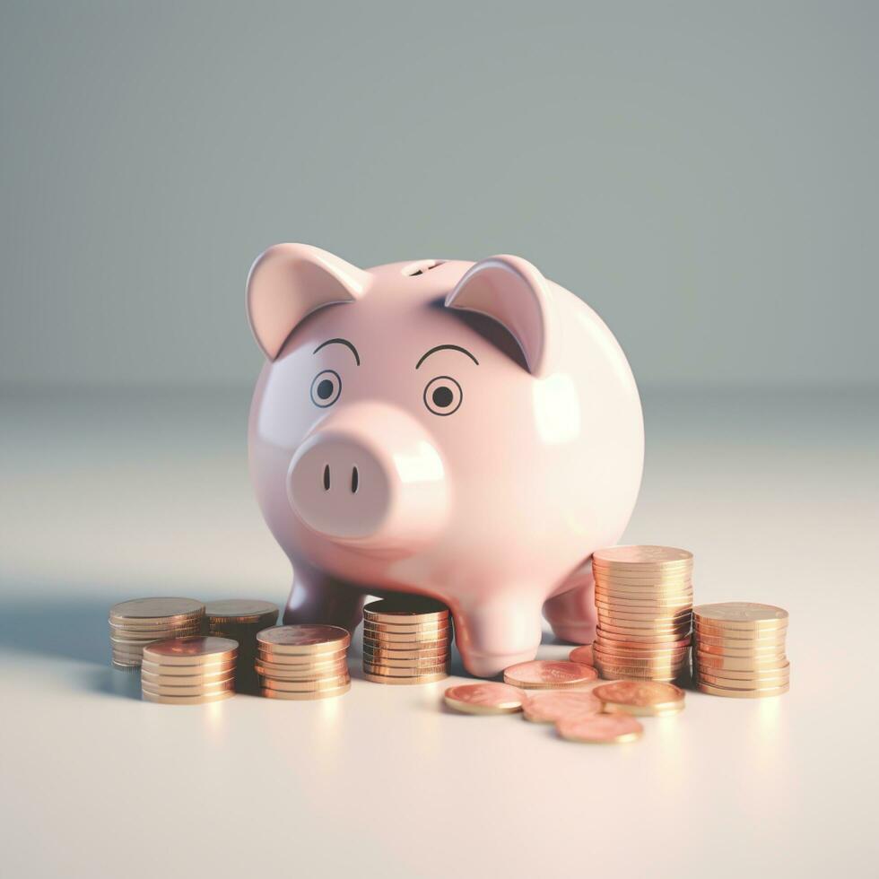 AI GENERATION piggy bank. Pastel background. 3D rendering. Financial and investment business concepts photo