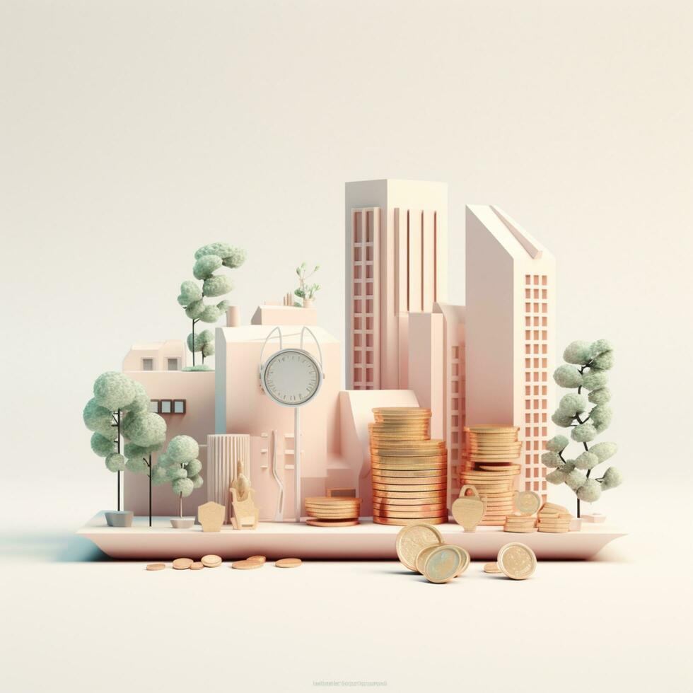 AI GENERATION Sky scraper and stack of coins, Pastel background. 3D rendering. Financial and investment business concepts photo