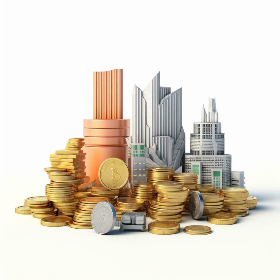 AI GENERATION Sky scraper and stack of coins, Pastel background. 3D rendering. Financial and investment business concepts photo