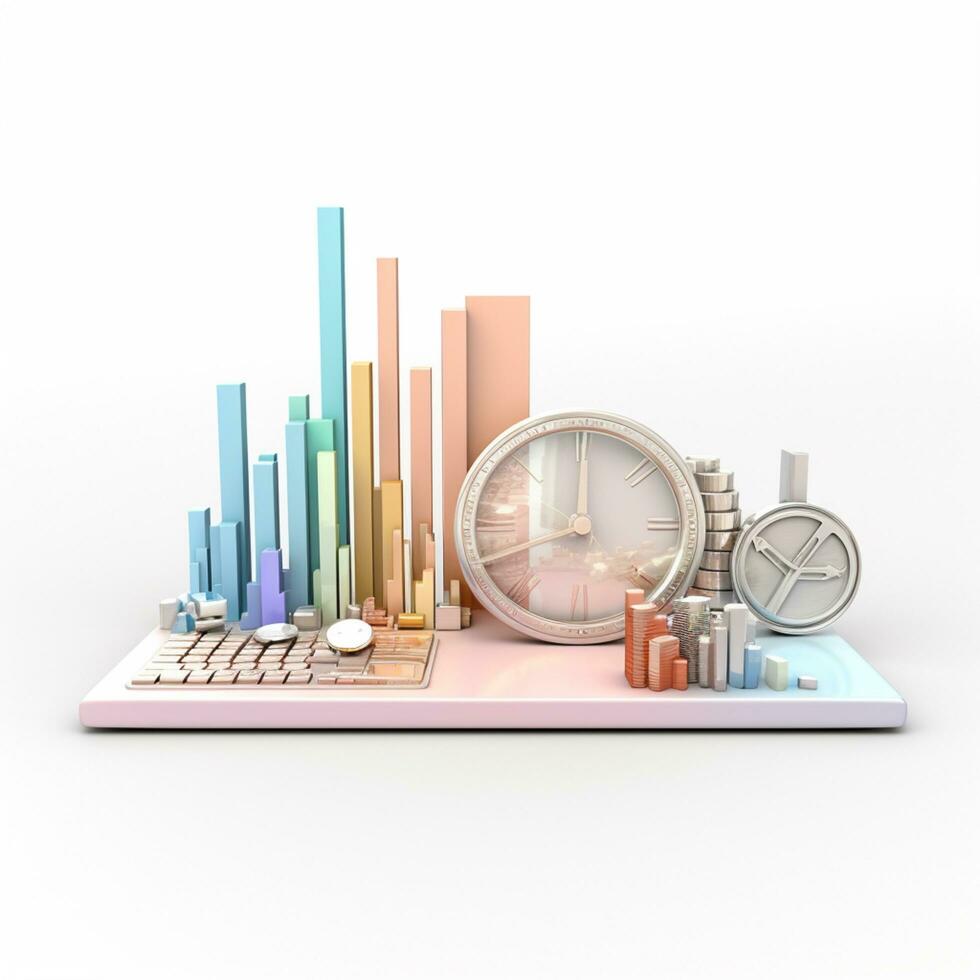 AI GENERATION Sky scraper and stack of coins, Pastel background. 3D rendering. Financial and investment business concepts photo