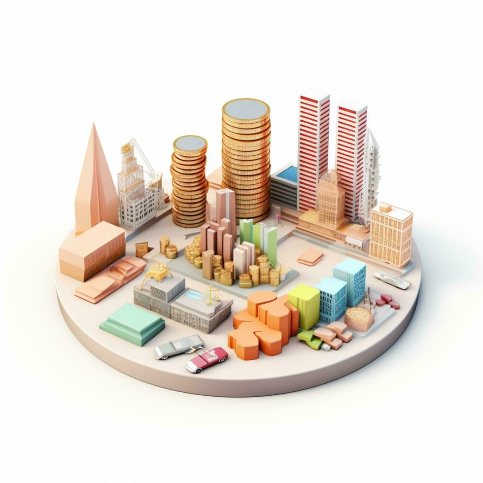 AI GENERATION Sky scraper and stack of coins, Pastel background. 3D rendering. Financial and investment business concepts photo