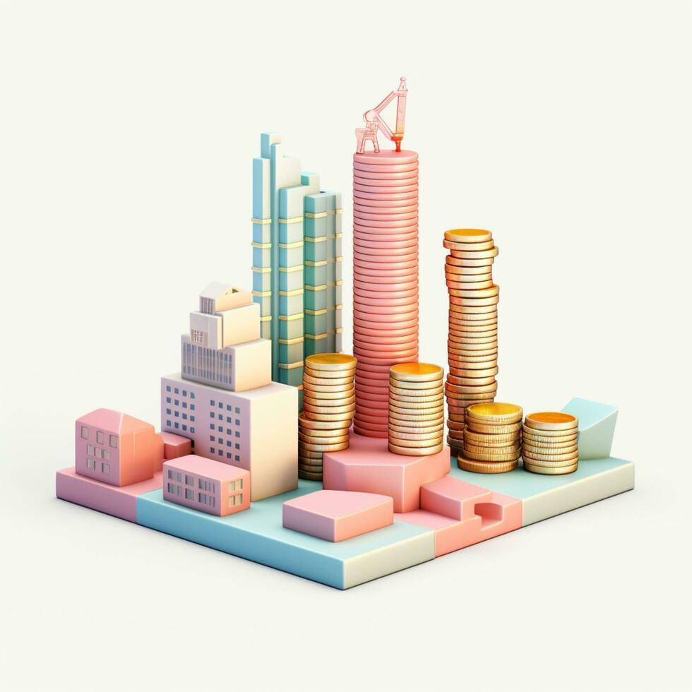 AI GENERATION Sky scraper and stack of coins, Pastel background. 3D rendering. Financial and investment business concepts photo