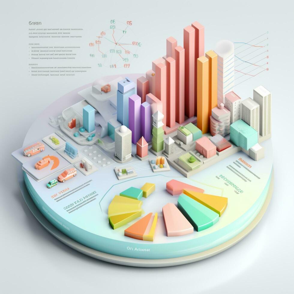 Ai generation 3d isometric business statistics, pie chart and graph. Financial and investment concepts photo