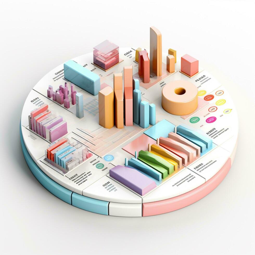 Ai generation 3d isometric business statistics, pie chart and graph. Financial and investment concepts photo