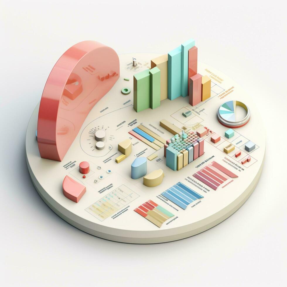 Ai generation 3d isometric business statistics, pie chart and graph. Financial and investment concepts photo