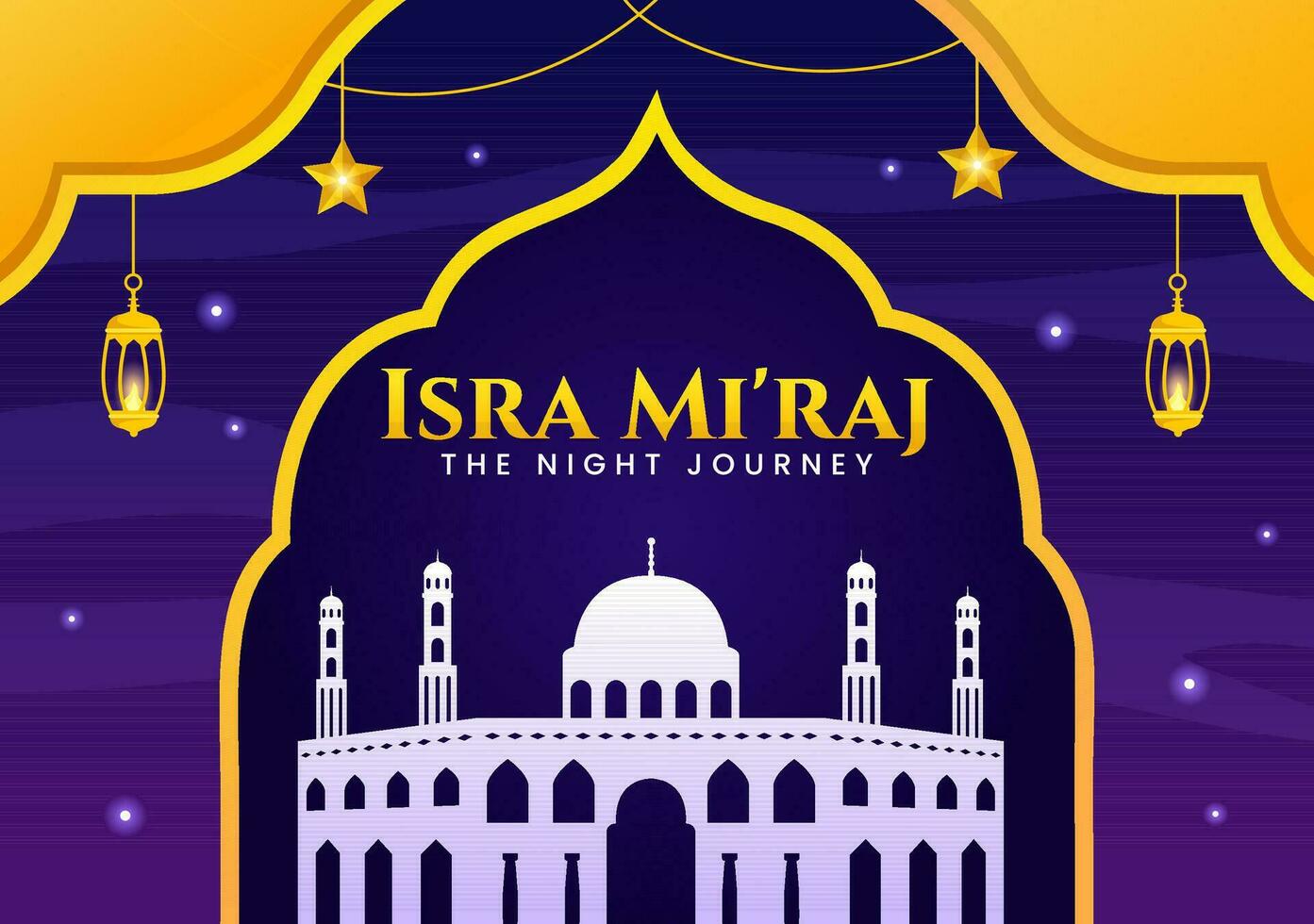 Isra Mi'raj Vector Illustration. Translation The Night Journey Prophet Muhammad. with Mosque and Lantern in Islamic Holiday Flat Cartoon Background