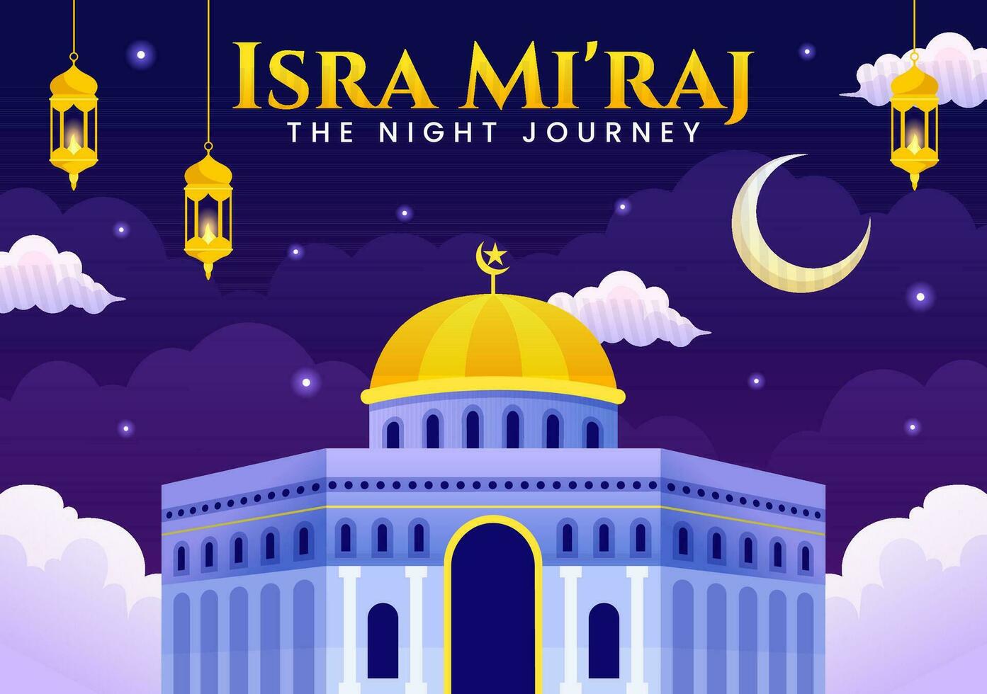 Isra Mi'raj Vector Illustration. Translation The Night Journey Prophet Muhammad. with Mosque and Lantern in Islamic Holiday Flat Cartoon Background