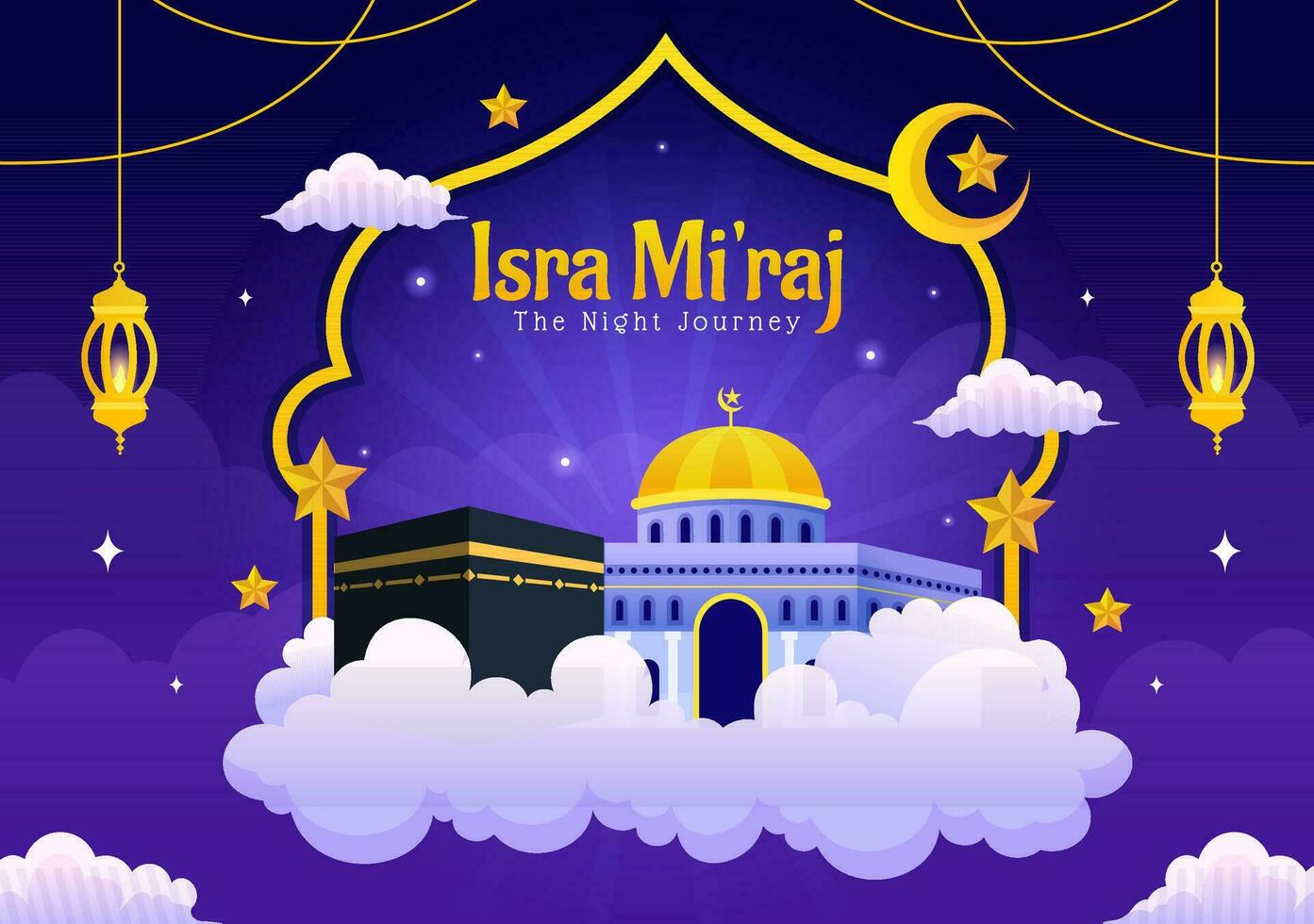 Isra Mi'raj Vector Illustration. Translation The Night Journey Prophet Muhammad. with Mosque and Lantern in Islamic Holiday Flat Cartoon Background