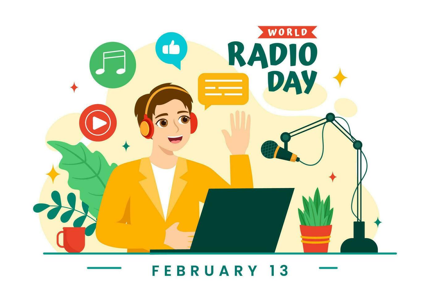 mundo radio día vector ilustración en 13 febrero para comunicación medios de comunicación usado y escuchando audiencia en plano dibujos animados antecedentes diseño
